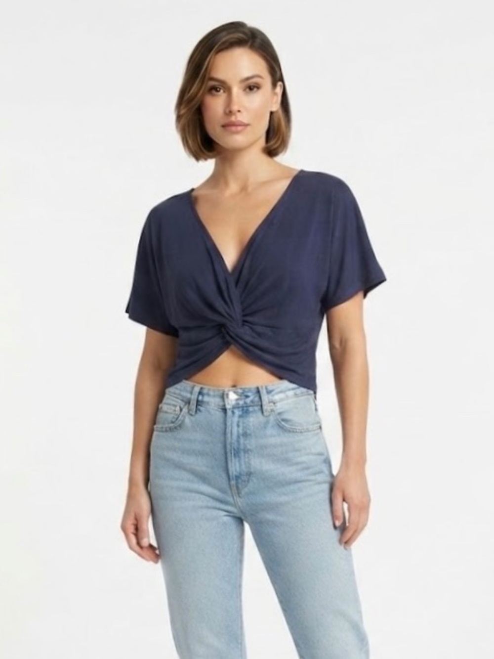 Blue Blush Women’s L Navy Cropped Twist Front Deep V Neck Sexy Chic Top